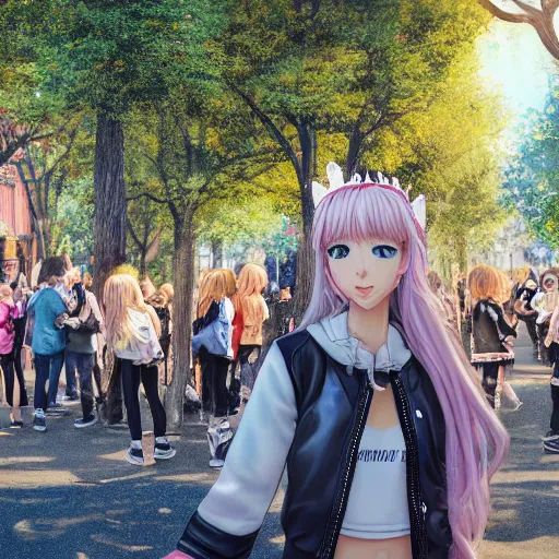 Image similar to blonde - haired princess, anime princess, wearing black jacket and white leggings, looking through crowd, town street, festival street, trees, green trees, blue lighting, blue sunshine, strong lighting, strong shadows, vivid hues, ultra - realistic, sharp details, subsurface scattering, intricate details, hd anime, 2 0 1 9 anime