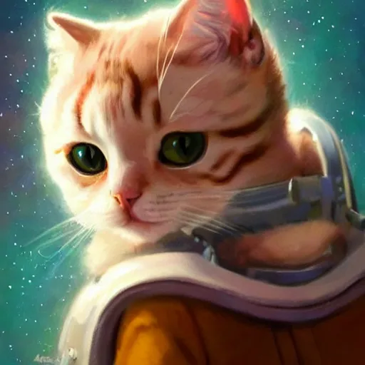 Image similar to head and shoulders masterpiece portrait of a cute adorable cat wearing a spacesuit, surreal background, digital art by krenz cushart, trending on artstation, cgsociety,