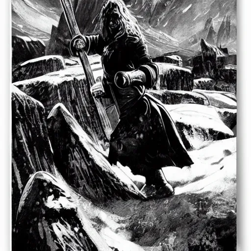 Image similar to norse troll blacksmith with sledgehammer profile portrait half body monochrome portrait hammer cover illustration dramatic kvlt by peder balke by peder balke by guido crepax by norman bluhm mystic high contrast monochromatic norway