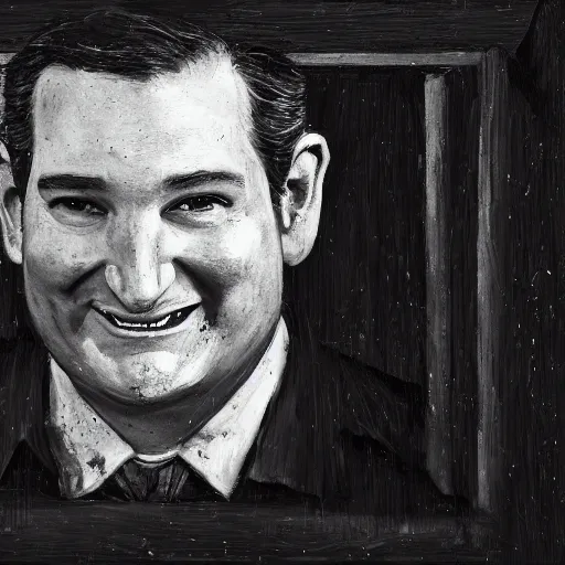 Image similar to Ted Cruz with a wide grin wielding a bloody hatchet peaking through a door in the distance at the end of a narrow corridor, black and white, creepy lighting, scary, horror, ornate, eerie, fear, oil painting