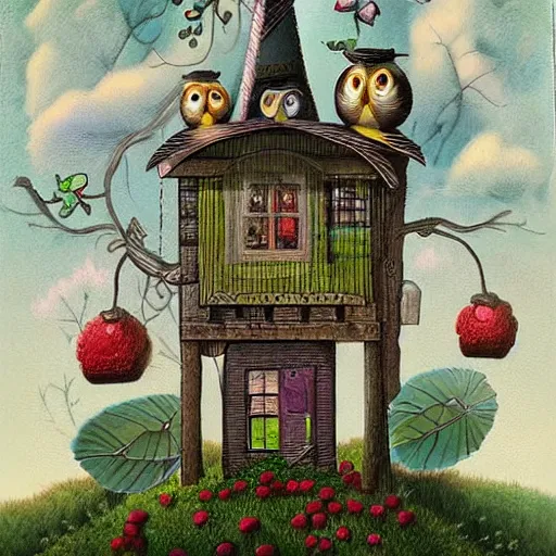 Prompt: a house with a tower, owl, butterflies, berries, lowbrow in the style of mark ryden and hans arnold, 8 k, from far away,