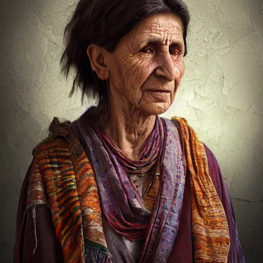 Image similar to hyperrealistic mixed media high resolution image of a beautiful Kurdish grandmother, stunning 3d render inspired art by István Sándorfi and Greg Rutkowski and Unreal Engine, perfect symmetry, dim volumetric lighting, 8k octane beautifully detailed render, post-processing, extremely hyper-detailed, intricate, epic composition, highly detailed attributes, highly detailed atmosphere, full body shot, cinematic lighting, masterpiece, trending on artstation, very very detailed, masterpiece, stunning, flawless structure, lifelike texture, perfection,