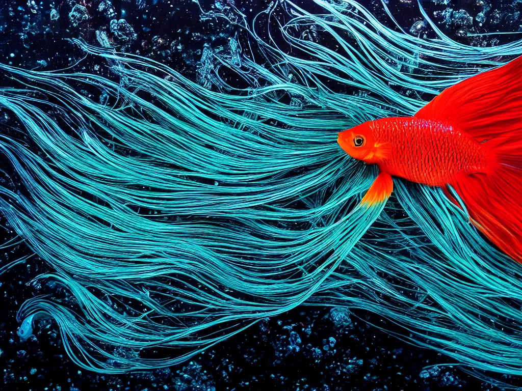 Image similar to a beautiful richly colored beta fish with long flowy scales on a black background surrounded by black water, full subject in view, epic scale ultrawide angle, hyperdetailed