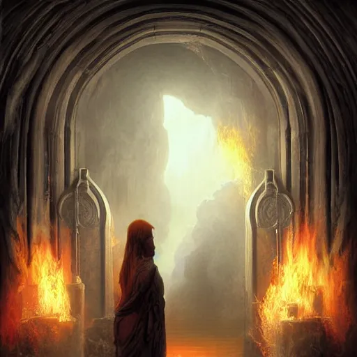Prompt: gates of hell. Smoke effects forms question mark. Digital painting. Art station. Mood lighting. Skindness, highly detailed, concept art, intricate, sharp focus, einar jonsson and bouguereau - h 1200