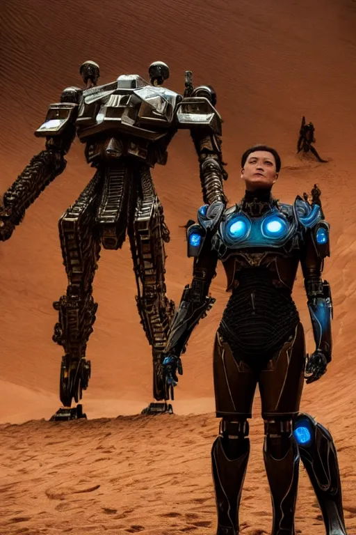 Image similar to cinematic still in dune movie and pacific rim movie and ps 5 game machine warrior 5, intricate ornate humanoid mecha warrior,