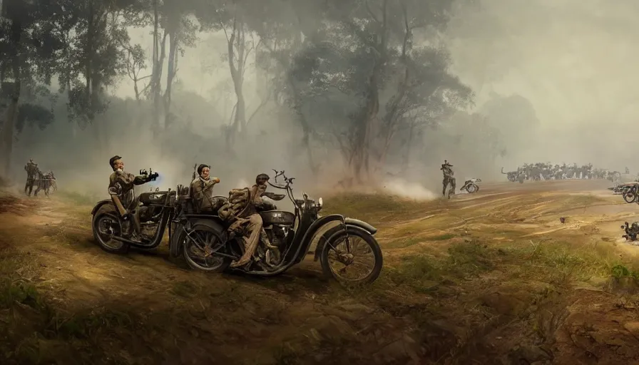 Image similar to a british officer driving a motorcycle at high speed in 1921 in kerala forest road, local people chasing to attack, furious action scene, chase, an epic fantasy, dramatic lighting, cinematic, establishing shot, extremely high detail, photorealistic, cinematic lighting, artstation, by simon stalenhag, shadow of the tomb rider