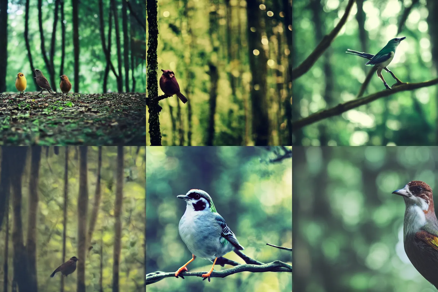 Prompt: portrait of a birds in a forest, depth of field, blur, bokeh, f / 1, 8, motion blur, cinematic movie,