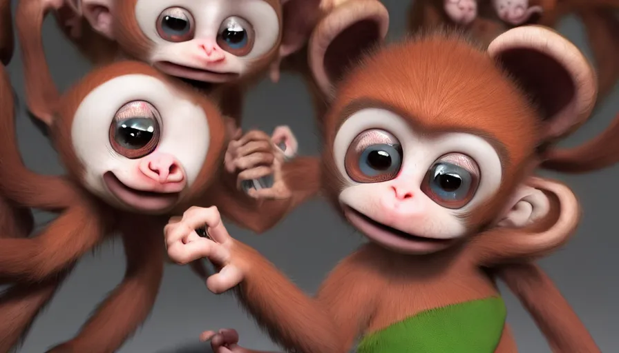 Prompt: very very very cute baby monkeys by Max Kostenko and Bobby Chiu, photoreal, wow, red nose studio, psychonauts, psychonauts 2, character design for animation, uplight, a lineup of characters, symmetrical eyes, cuteness, 3d render, octane rendered, rendered in maya and houdini, highly detailed, unreal engine, Trending on Artstation, octane render, 4k, 8k, HD