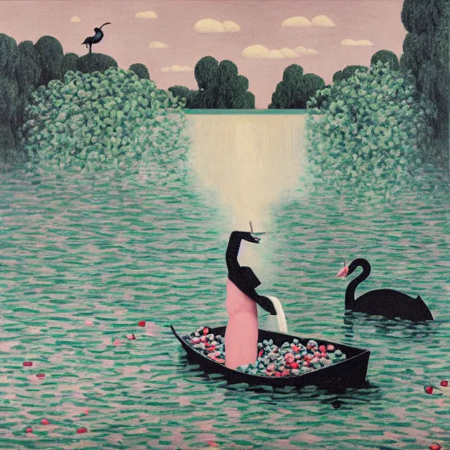 Image similar to painting of flood waters, zen, a tall catgirl art student, a river flooding inside, art supplies, pigs, ikebana, water, river, rapids, waterfall, black swans, canoe, pomegranate, berries dripping, acrylic on canvas, surrealist, by magritte and monet
