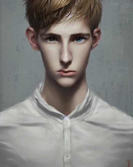 Image similar to portrait of 1 5 - year - old boy, a tall, slender boy with a pale, pointed face, white - blond hair, cold grey eyes, a pale complexion with sharp and pointed features, hyper realistic face, beautiful eyes, fantasy art, in the style of greg rutkowski, intricate, hyper detailed, smooth