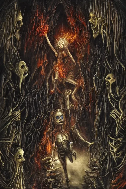 Image similar to Lost souls entering the gates of hell, fire, cheeky devil, eerie, sinister, horror, illustrated byAdrien Borda and H R Giger and Anne Stokes, 4k, 8k