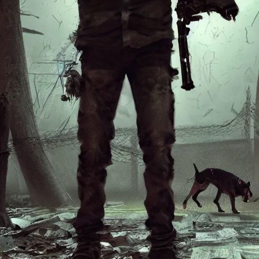 Image similar to dog - walker with german shepherd as angry zombie in a city park, full body portrait, horror core, apocalyptic, sharp focus, fiction, hyper detailed, digital art, trending in artstation, cinematic lighting, studio quality, smooth render, unreal engine 5 rendered, octane rendered, art style and nixeu and wlop and krenz cushart