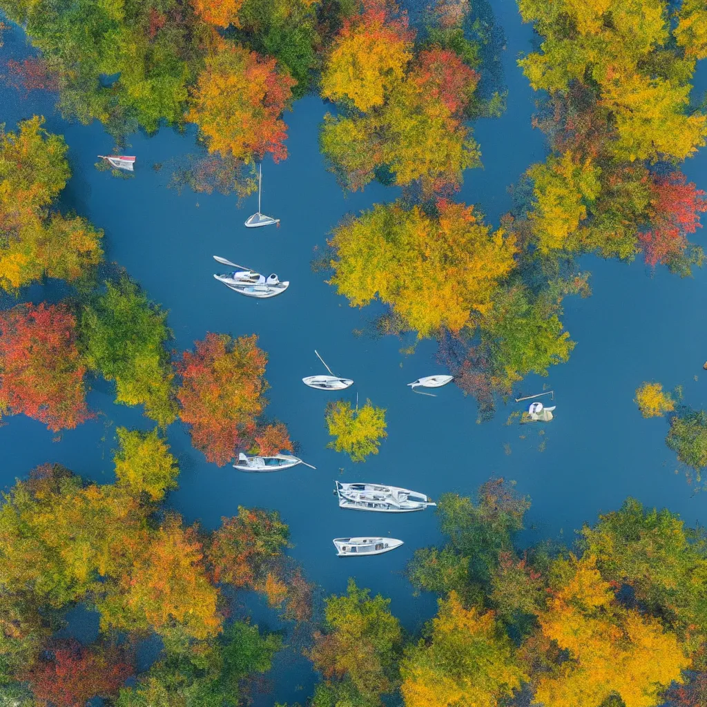 Image similar to ariel view of lake, silver cloud reflections, boats, colourful august foliage, very detailed, 4 k, professional photography