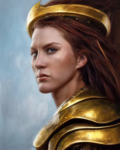 Prompt: beautiful female warrior, half body portrait, long flowing hair, heavy gold armour, realistic oil painting by Boris Valejo