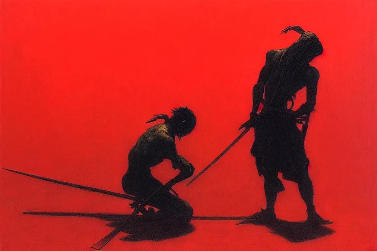 Image similar to only with red, a red samurai do seppuku, tokio, a lot of frogs watch, in the style of beksinski, parts by edward hopper, parts by rodcenko, parts by yue minjun, intricate and epic composition, red by caravaggio, insanely quality, highly detailed, masterpiece, red light, artstation, 4 k