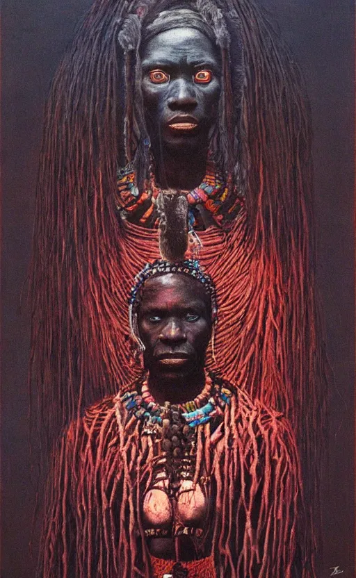 Image similar to portrait of african tribal chief, symmetrical, dramatic lighting, colourful, art by zdzislaw beksinski,