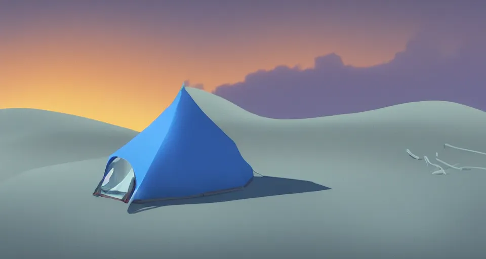 Prompt: small tent in the desert with dunes at night, blue color scheme, artstation, cgsociety