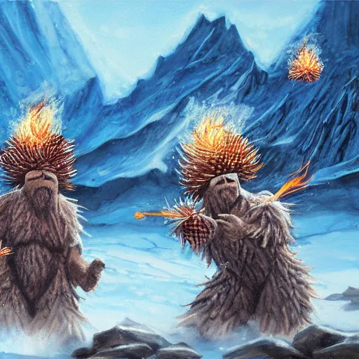 Prompt: Yetis throwing flaming pinecones on an underground glacier, realistic painting