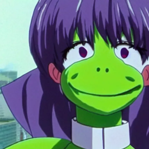 Image similar to Still from the anime movie End of Evangelion, Kermit the Frog from Sesame Street as a giant Rei Ayanami