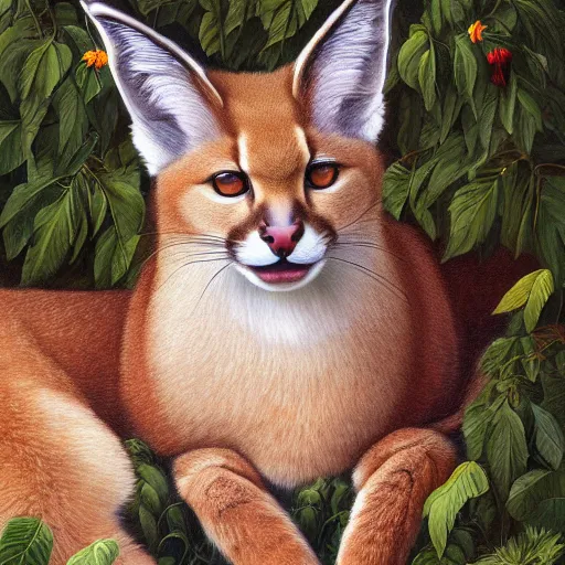 Image similar to fullbody portrait of cute fluffy caracal, wearing laurel wreath on his head, illustration, high detail, francine van hove