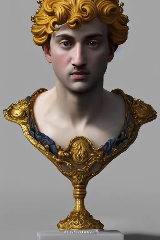 Prompt: a realistic porcelain rococo style bust of handsome young Spanish prince with colored pipecleaners for a crown and suspended in outer space, photorealism, octane render, depth of field, 8k, 35mm, artgem, Trending on artstation