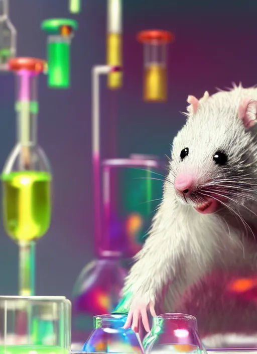 Image similar to a 3D render of a cute fuzzy pet rat dressed in a white lab coat and safety goggles, mixing colorful chemicals in a chemistry lab, bokeh, Canon 50mm, cinematic lighting, volumetric light, octane, octane render, redshift render