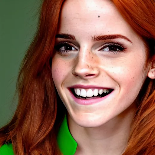 Prompt: redhead emma watson smiling, wearing green latex, close up portrait photo, 8 k,