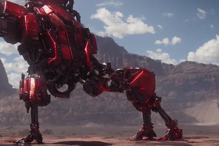 Image similar to a cinematic still from Westworld, red mech, armored core, octane render, nvidia raytracing demo, masterpiece