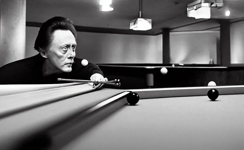 Image similar to Christopher Walken playing billiards and smoking a cigarette in the style of Annie Leibovitz, medium format digital camera, full color, soft lighting, dark, moody, shallow depth of field, highly detailed, photorealistic,