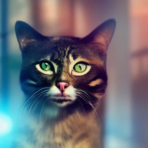 Image similar to polite cat, splash art, movie still, cinematic lighting, dramatic, octane render, long lens, shallow depth of field, bokeh, anamorphic lens flare, 8k, hyper detailed, 35mm film grain