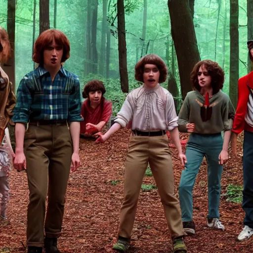 Image similar to Stranger Things cast dancing in a forest, 8k UHD, high quality, studio photo,