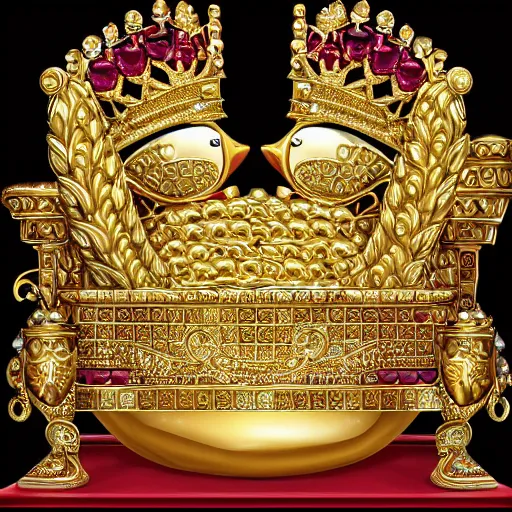 Image similar to King duck sitting on a gold throne decorated with many rubies and diamonds, duck is wearing a gold crown and gold necklace, super realistic, 4k