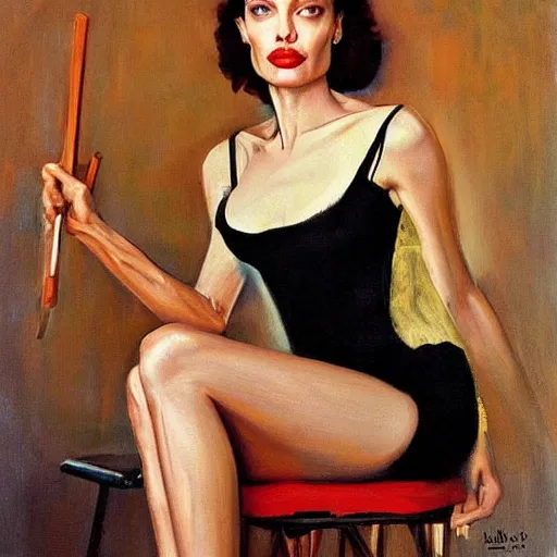 Prompt: oil painting of full - body angelina jolie posing as housepainter by alexander nikolayevich samokhvalov by norman percevel rockwell from - 1 9 3 0 s