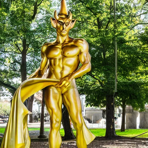 Prompt: male demon, devil golden monument stands in a park
