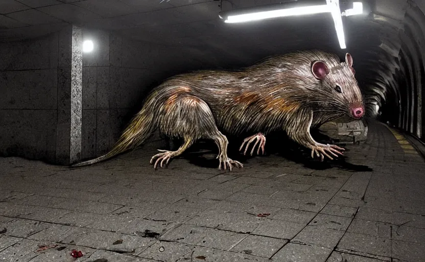 Image similar to very large giant mutant zombie rat infected by radiation sraying in tonnel of moscow subway. extreme high detail. low dark light, scary atmosphere.