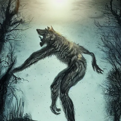 Image similar to man ripping off his skin turning into a werewolf, forest scenery, full moon, illuminated lighting, highly detailed, 4 k