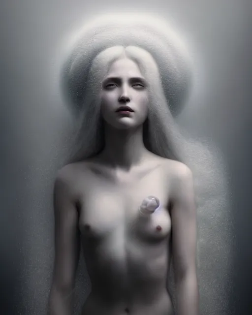 Prompt: monochrome, dreamy, subsurface scattering, white, young beautiful goddess in cosmos with very long white hair floating in air, fluid smoke art, octane render, dino valls, mark ryden, joe fenton, michal karcz, highly detailed, rim light, art, cinematic lighting, very coherent, hyper realism, 8 k