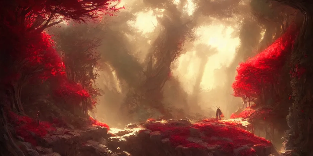 Image similar to entrance to small grotto deep inside the forest, red crystals growing everywhere. In style of Greg Rutkowski, Jesper Ejsing, Makoto Shinkai, trending on ArtStation, fantasy, great composition, concept art, highly detailed, scenery, 8K, Behance.