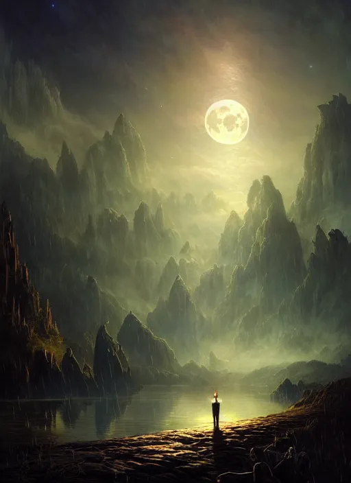 Image similar to fantasy book cover, full moon, fantasy bayou landscape, iridescent elements, fantasy magic, no human, dark light night, intricate, elegant, sharp focus, illustration, highly detailed, digital painting, concept art, matte, art by WLOP and Artgerm and Greg Rutkowski and Albert Bierstadt, masterpiece