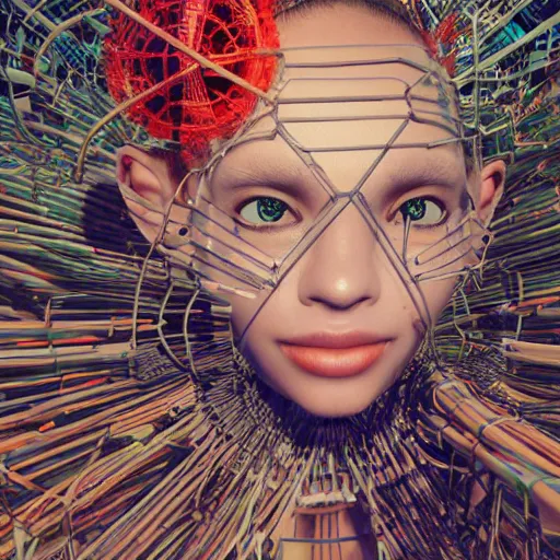 Image similar to deeper into the metaverse we go, piles of modular synth cables mixed with mangrove roots, kawaii puerto rican goddess swimming up wearing a headpiece made of circuit boards, by cameron gray, wlop, stanley kubrick, masamune, hideki anno, jamie hewlett, unique perspective, trending on artstation, 3 d render, vivid