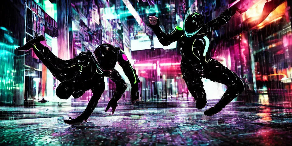 Prompt: slow motion picture of futuristic break dancer wearing dark tron suit with neon lights, long exposure shot , at night in the middle of a rainy street, paddles of water, rim lights, glossy reflections, octane render, detailed and soft, by laurie greasley