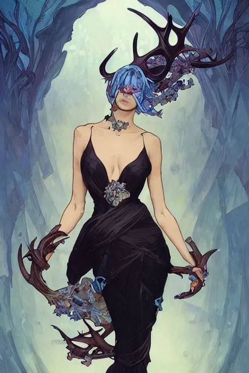 Image similar to fullbody!! dynamic action pose illustration, art by artgerm and greg rutkowski and alphonse mucha, beautiful woman with blue hair, antlers on her head, long flowing intricate black dress, dnd, face, fantasy, intricate, elegant, highly detailed, digital painting, artstation, concept art, smooth, sharp focus,