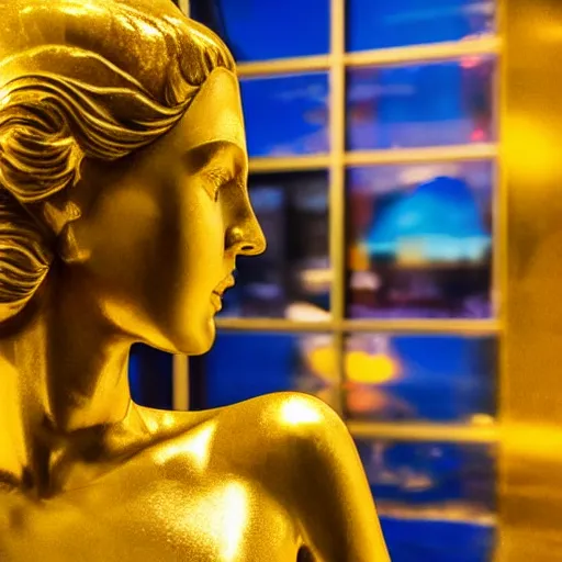 Image similar to a golden statue of a princess near a aquarium, studio lighting, award-winning photograph