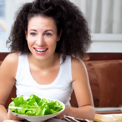 Prompt: a stock image of a lady eating a salad