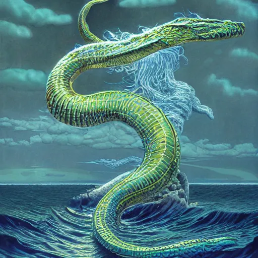 Prompt: Sea serpent, illustration by Michael Whelan, fantasy art, visionary art, acrylic painting, smooth blending