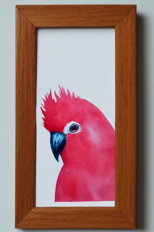 Prompt: a watercolor painting of a galah in a light wooden frame