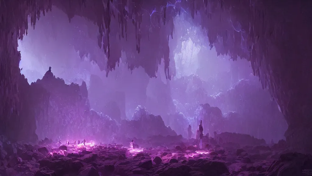 Prompt: A dark cave illuminated by large glowing violet crystal shards and veins, a crystal tree glowing, by greg rutkowski and thomas kinkade, ambient light, ultra detailed, 8k, very beautiful, trending on artstation, award winning, beautiful scenery.