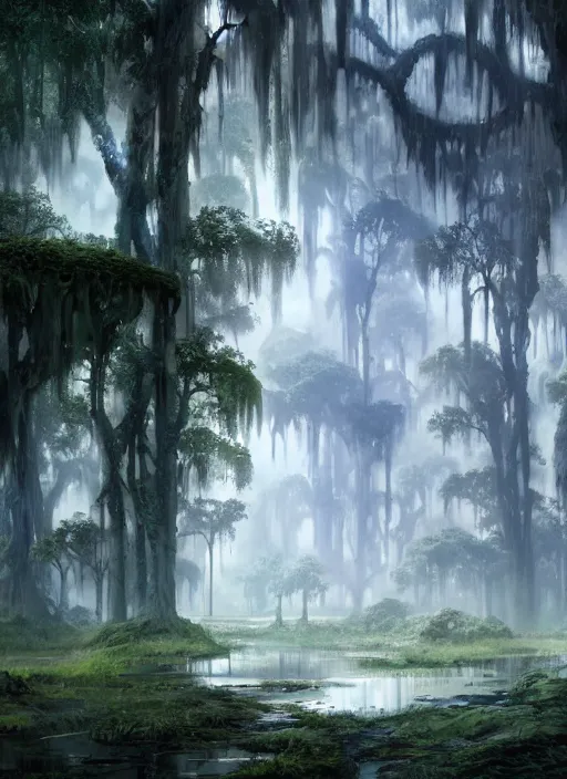 Prompt: a digital painting of a swampy area with trees, a detailed matte painting by stephan martiniere, cgsociety, fantasy art, matte painting, concept art, fractalism