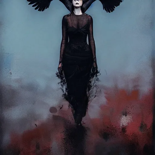 Image similar to morning, a woman in a black dress with a raven head. sun, cinematic, clouds, vogue cover style, contracting colors mood, realistic painting, intricate oil painting, high detail, figurative art, multiple exposure, poster art, 3 d, by simon bisley, ismail inceoglu, wadim kashin, filip hodas.