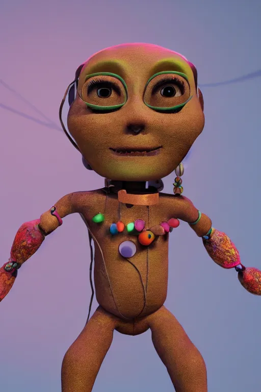 Image similar to a beautiful ancient voodoo doll with futuristic vibes, in the style of an animated 3 d pixar movie, octane render